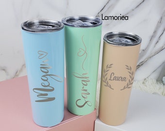 Bicchiere sottile personalizzato da 20 once con incisione, bicchiere sottile personalizzato per damigella d'onore, bicchiere con coperchio, bicchiere in acciaio inossidabile, bicchiere con cannuccia