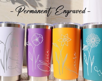 Personalisierte Geburtsblume 20 Unzen Becher, Laser gravierte Becher, Edelstahlbecher, Isolierbecher, Geburtsblumenbecher
