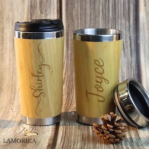 Custom Bamboo Coffee Mug, Personalized Insulated Mug, Engraved Coffee Mug, Eco Friendly Bamboo Mug, Drinks Flask, Monogram Cup, Gift for her image 2