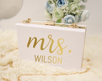 Personalized Acrylic Bridal Clutch for Mrs Bride Bridesmaid Maid of Honor Gift Bachelorette Party Favors Honeymoon Bag