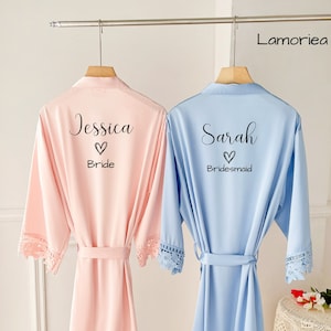 Personalised Bridesmaid Bride robe, Wedding Dressing Gown, Bridal robe, Floral Satin Wedding Robes, white bridal Robe