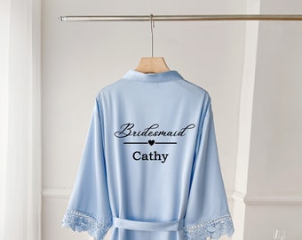 Personalised Bridesmaid Satin Robes, Satin Robes Satin Robes, Bridesmaid Satin Lace Robes, Printed Satin Robes, Bridesmaid Gift