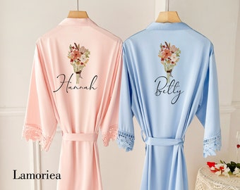 Personalised Bride Maid of Honor robe, Wedding Dressing Gown, floral Bridal robe, Floral Satin Wedding Robes, white bridal Robe, bridal robe