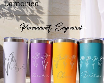 Personalized Birth Flower 20oz Tumbler, Laser Engraved Tumbler, Stainless Steel Mug, Insulated Tumbler, Birth Flower Tumbler, Travel Cups