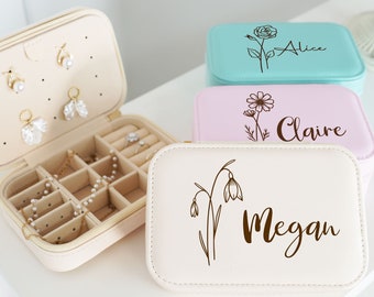 Personalized Birthflower Jewelry Box, Zipper Leather Jewelry Travel Case, Bridal Party Gift,Bridesmaid Proposal, Portable Jewelry  Organizer