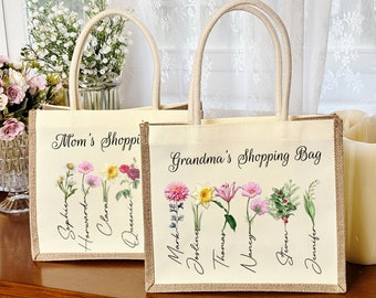 Personalized Grandma's Garden Tote Bag, Birthflower with grandkids names, Custom Shopping Bag, Gift for Her, Birth Month Jute Bag