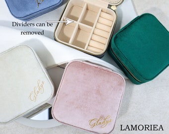 Joyero de terciopelo personalizado Joyero para niñas Joyero con superficie de terciopelo Estuche para joyería, Joyero de viaje con nombre, Propuesta de dama de honor