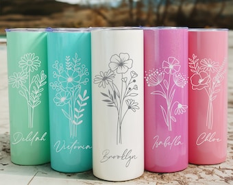 Vasos flacos personalizados de 20 oz, regalos de cumpleaños, vasos de graduación, vasos con monograma floral, tazas de viaje de verano, regalo para ella