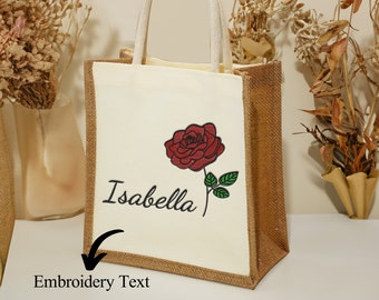 Borsa tote con fiori di nascita ricamati personalizzati, borsa floreale, tote con monogramma, tote shopping della nonna, borse di tela, regali di compleanno