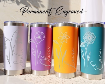 Personalized Birth Flower 20oz Tumbler, Laser Engraved Tumbler, Stainless Steel Mug, Insulated Tumbler, Birth Flower Tumbler