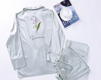 Customized Floral Pajamas Set, Birthflower Pajamas Set, Bridesmaid Pajamas, Bridal Gift Satin Pjs Bridesmaid, Minimalist Pyjamas set