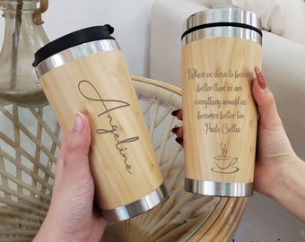 Taza de café de bambú personalizada, taza aislada personalizada, taza de café grabada, taza de bambú ecológica, frasco de bebidas, taza con monograma, regalo para ella