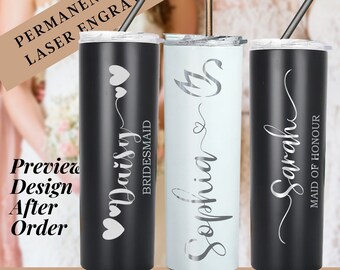 Custom Bridesmaid Skinny Tumbler,  bride gift, bridesmaid gift,Stainless Steel Tumbler with Straw, Engraved Personalized Skinny Tumbler,