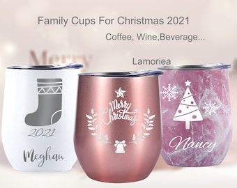Tasses de Noël pour la famille, Gobelet à vin personnalisé, Tasse à café isolée, Verres à vin personnalisés, Gobelet à vin gravé avec couvercle
