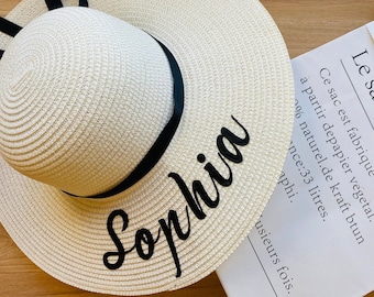 Sombreros disquete personalizados con cinta negra, sombrero personalizado, sombrero de playa de luna de miel, sombrero de fiesta de verano, ala ancha personalizada, regalo de despedida de soltera