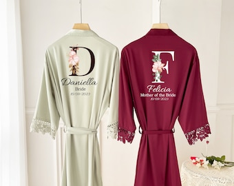 Personalised mother of the bride robe, Wedding Dressing Gown, floral Bridal robe, Floral Satin Wedding Robes, white bridal Robe, bridal robe