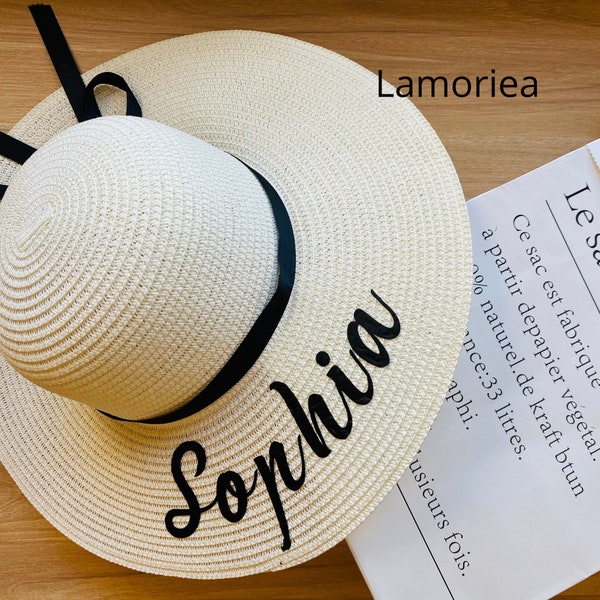 Chapeaux disquettes personnalisés avec ruban noir, chapeau personnalisé, chapeau de plage lune de miel, chapeau de fête d’été, bord large personnalisé, cadeau de enterrement de vie de jeune fille