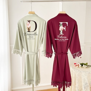 Personalised mother of the bride robe, Wedding Dressing Gown, floral Bridal robe, Floral Satin Wedding Robes, white bridal Robe, bridal robe