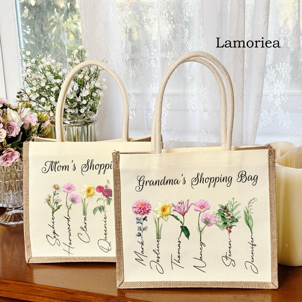 Personalisierte Omas Garten-Einkaufstasche, Geburtsblume mit Namen der Enkelkinder, individuelle Einkaufstasche, Geschenk für Sie, Jutetasche für den Geburtsmonat