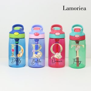 Botella de agua personalizada para niños con letra de animal y nombre, de 16 oz, con monograma.