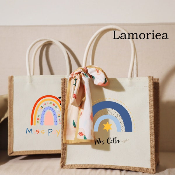 Personalised Teacher Bag, Custom Teacher Tote Bag, Rainbow Tote Bag, Teacher Gift, School Leaving Gift for Teacher, Graduation teacher gift