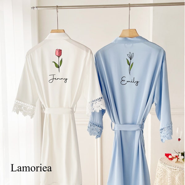 Personalised Birthflower robes, Wedding Dressing Gown, Bridal robe, Robes, Satin Wedding Robe, Floral bridal Robe, Minimalist robe