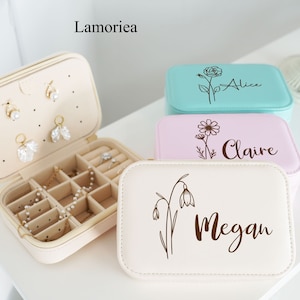 Joyero personalizado con diseño de flor de nacimiento, estuche de viaje de cuero con cremallera para joyas, regalo para fiesta nupcial, propuesta de dama de honor, organizador de joyas portátil