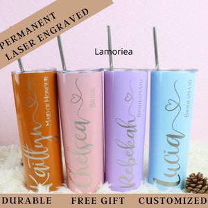 Bride tumbler,Custom Bridesmaid Skinny Tumbler,   bridesmaid gift,Stainless Steel Tumbler with Straw, Engraved Personalized Skinny Tumbler,