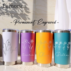 Personalized Birth Flower 20oz Tumbler, Laser Engraved Tumbler, Stainless Steel Mug, Insulated Tumbler, Birth Flower Tumbler, Travel Cups