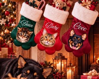 Personalized Paw Shaped Stocking, Custom Pet Portrait Stocking, Dog Cat Christmas Stocking, Holiday Decor, Matching Family Christmas Decor