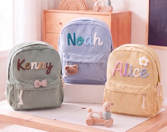 Zaino in velluto a coste personalizzato con nome per bambini, borsa per la scuola, borsa per l'asilo nido, regalo per il ritorno a scuola, zaino per bambini con nome
