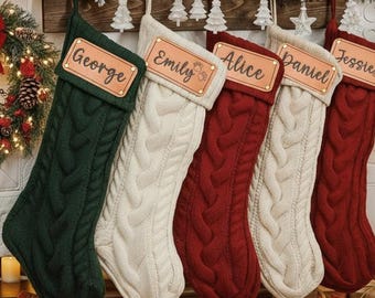 2026 Engraved Leather Patch Christmas Knit Stockings with name, Family Christmas Stockings, Holiday Decor Gifts, Xmas Monogram Stockings