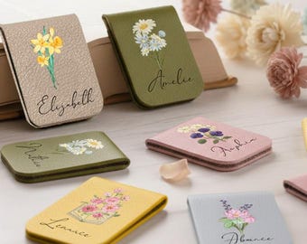 Personalized Magnetic Bookmarks, Birth Flower Leather Bookmark, Customized Floral Bookmark, Bookmark for Women, Bookmark Gift, Name Bookmark