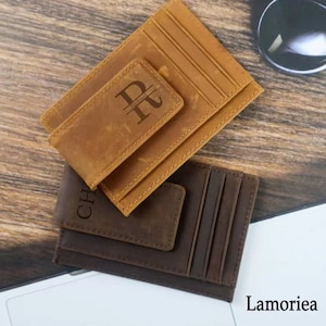 Tarjetero de cuero personalizado, billetera premium con clip para billetes, billetera para papá, billetera de piel de vaca personalizada, regalo para novio, billetera para hombre