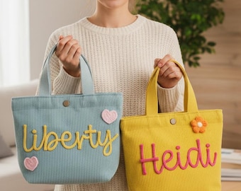 Spersonalizowana torebka z haftem z kordu, torebka z imieniem na zamówienie, prezent urodzinowy na powrót do szkoły, prezenty na baby shower