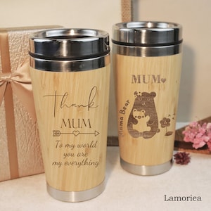 Custom Engraved Bamboo Mug, Personalized Insulated Coffee Mug, Travel Tumbler, Leak-Proof Black Flip Lid, Mother Gifts, Christmas Gift