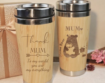 Bambustasse mit Gravur, personalisierte Isolierkaffeetasse, Reisebecher, auslaufsicherer schwarzer Klappdeckel, Muttergeschenke, Weihnachtsgeschenk