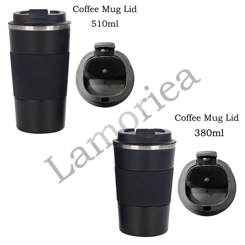 May include: Two black travel mugs with lids. The mug on the left is 510 ml and the mug on the right is 380 ml. Both mugs have a stainless steel lid with a flip-top lid.