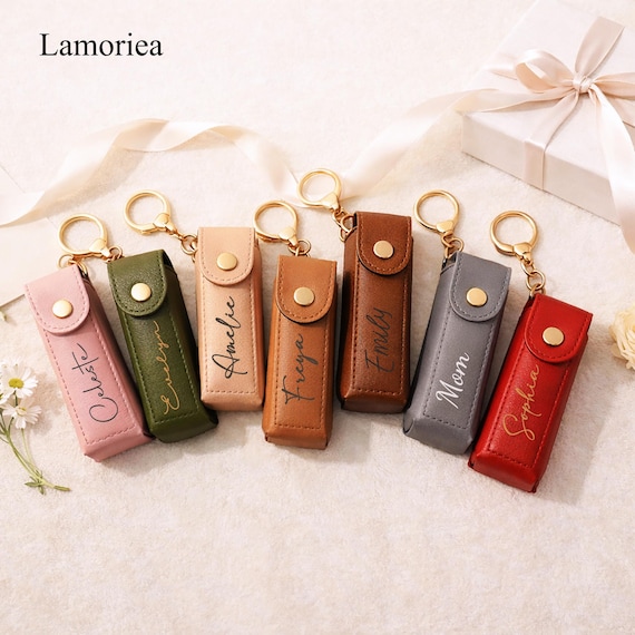 Personalized Engraved Leather Lipstick Case with Birth Flower, Custom Makeup Holder Keychain, Mother Day Gift, Birthday Gift, Lipstick Cover