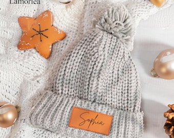 Personalized Winter Hat, Toddler Name hat, Gifts for Kids, Engraved Leather Beanie, Hats for Kids, Custom Beanie Hats, Baby Shower Gifts