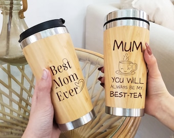 Muttertagsgeschenk Kundenspezifische Bambuskaffeetasse, personalisierte Thermotasse, gravierte Kaffeetasse, Umweltfreundliche Bambusmonogrammtasse, Geschenk für Mama