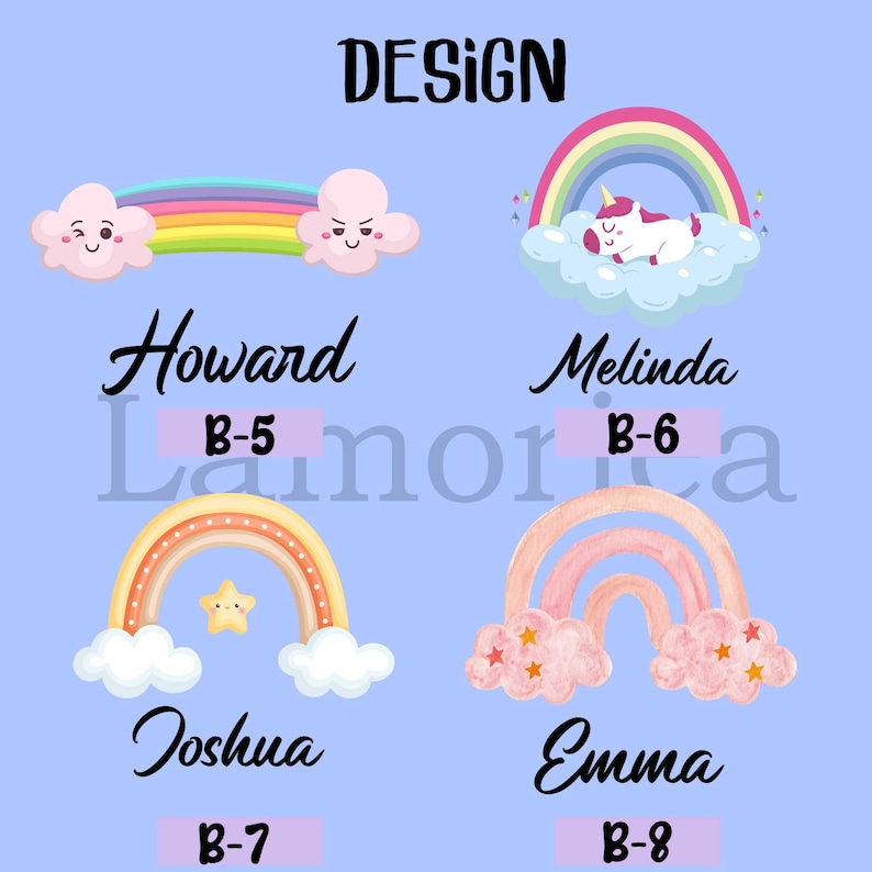 Puede incluir: Un fondo azul claro presenta cuatro dise&ntilde;os de arco&iacute;ris con nombres y c&oacute;digos. El dise&ntilde;o superior izquierdo tiene un arco&iacute;ris con dos nubes sonrientes. El dise&ntilde;o superior derecho tiene un arco&iacute;ris con un unicornio durmiente. Los dise&ntilde;os inferiores tienen arco&iacute;ris con estrellas.