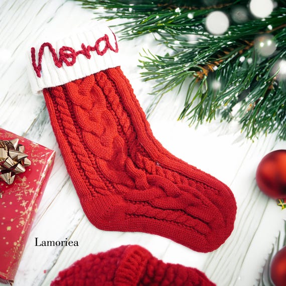 Alederways Calze di Natale, 56 cm, rosse con monogramma lavorato a maglia, calze natalizie ricamate personalizzate, in velluto lavorato a maglia