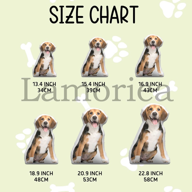 Puede incluir: Tabla de tallas con seis cojines con forma de beagle de varios tama&ntilde;os. Los cojines miden entre 34 cm y 58 cm de altura. El texto "SIZE CHART" est&aacute; en la parte superior, con la marca "Lamorica" en el centro.