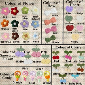Peut inclure: Une collection d'ornements crochet&eacute;s de diff&eacute;rentes couleurs et formes, dont des fleurs, des n&oelig;uds, des c&oelig;urs, des cerises, des fleurs de perce-neige et des bonbons. Les couleurs incluent le rose, le rouge, l'orange, le vert, le jaune, le bleu et le blanc.
