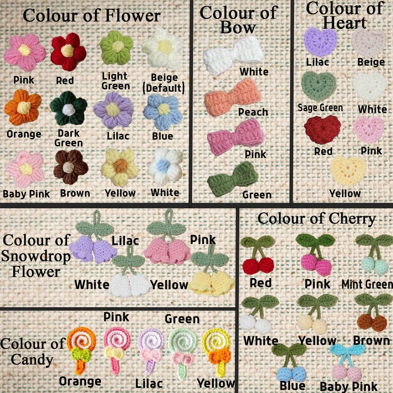 Peut inclure: Une collection d'ornements crochet&eacute;s de diff&eacute;rentes couleurs et formes, dont des fleurs, des n&oelig;uds, des c&oelig;urs, des cerises, des fleurs de perce-neige et des bonbons. Les couleurs incluent le rose, le rouge, l'orange, le vert, le jaune, le bleu et le blanc.