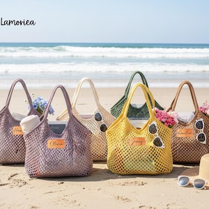Sac fourre-tout de plage personnalisé en cuir avec empiècement, sac de vacances d'été avec nom personnalisé, sac fourre-tout femme