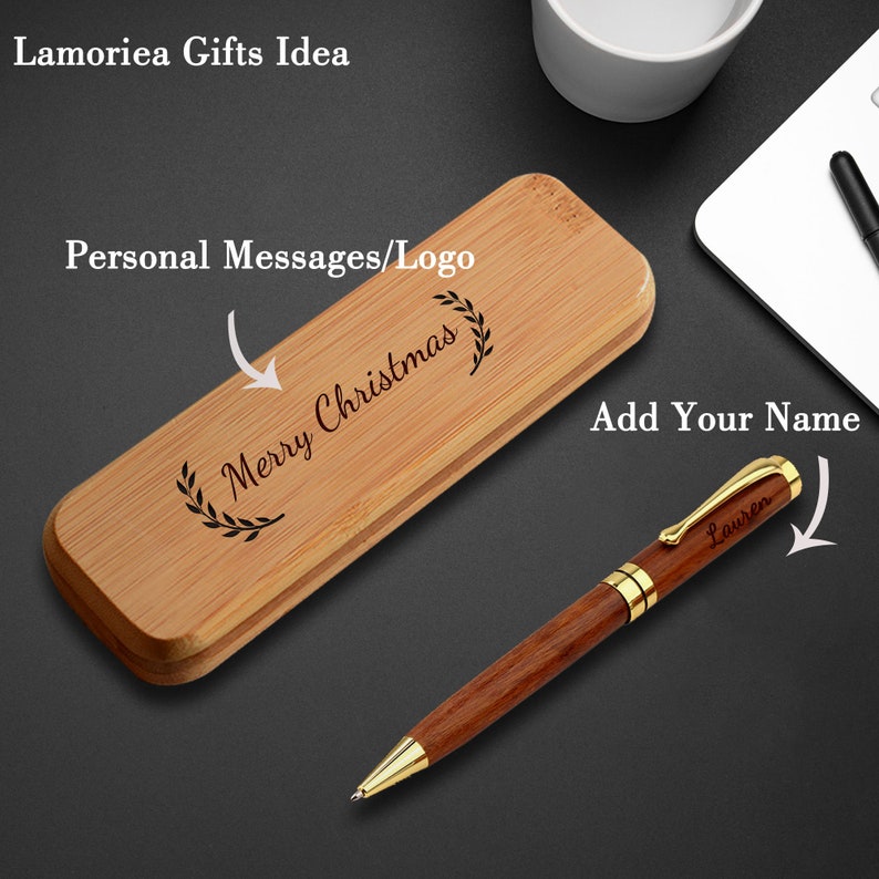 May include: A wooden pen with a gold trim and a personalized inscription that says "Lauren". The pen comes in a bamboo box with an engraved message that says "Merry Christmas".
