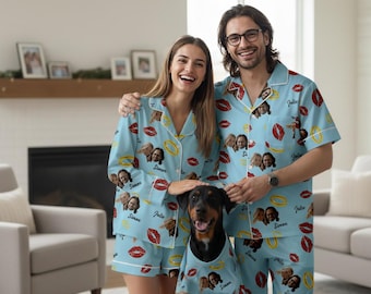 Gepersonaliseerde bijpassende pyjama's, valentijnscadeau meisjes, cadeau voor huisdierliefhebbers, pyjama huisdierportret, pyjama huisdier, gezichtspyjama, jubileumpyjama