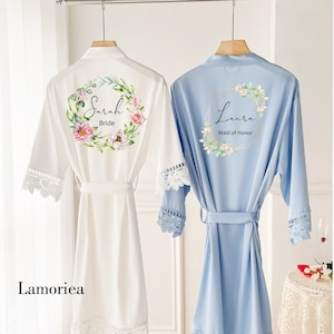 Personalised Bride Maid of Honor robe, Wedding Dressing Gown, floral Bridal robe, Floral Satin Wedding Robes, white bridal Robe, bridal robe
